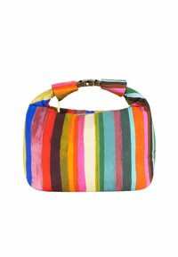 Gestreifte Handtasche in mehreren Farben mit runder Form, aus Stoffmaterial, kurzer Oberhandgriffe und einem goldfarbenen Verschlussdetail.