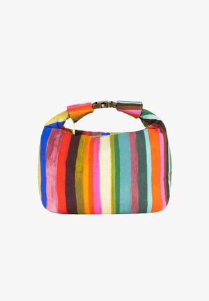 Bolso de mano de forma redondeada a rayas multicolores, de material textil, con un asa corta en la parte superior y un detalle de cierre en color dorado.