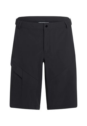 Schwarze knielange Shorts mit vorderer Knopfleiste und Reißverschluss, Gürtelschlaufen und einer abgeschrägten Seitentasche am rechten Bein.