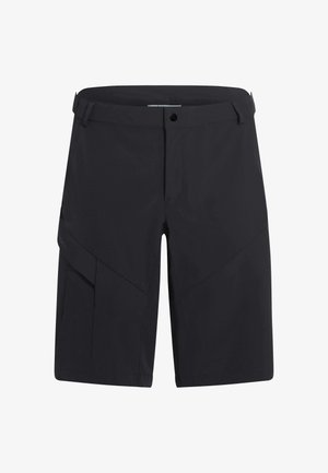 Schwarze knielange Shorts mit vorderer Knopfleiste und Reißverschluss, Gürtelschlaufen und einer abgeschrägten Seitentasche am rechten Bein.