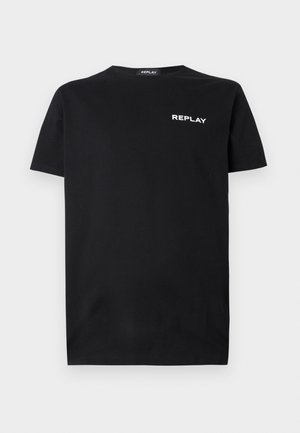 Schwarzes Baumwoll-T-Shirt mit kurzen Ärmeln und Rundhalsausschnitt, mit einem weißen "REPLAY"-Logo auf der linken Brustseite. Glatte Textur.
