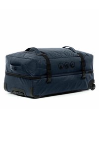 Dunkelblaue Rolltasche aus strukturiertem Material, mit Obergriffen und schwarzen Akzenten. Sie verfügt über drei Symbole auf der Vorderseite und eine Seitentasche.