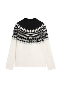 Pull en maille à motifs noir, blanc et gris, à manches longues et col rond, avec un empiècement géométrique.