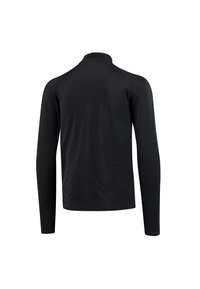 Schwarzes Langarmshirt aus glattem, leichtem Stoff. Verfügt über einen hohen Kragen und eine figurnahe Passform. Keine sichtbaren Muster oder Hardware-Details.