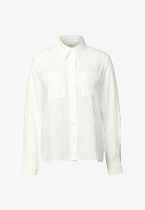 Weißes strukturiertes Hemd mit Kragen, zwei Brusttaschen und langen Ärmeln. Hergestellt aus leichtem Stoff mit einem zerknitterten Muster.