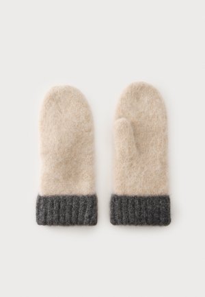 Soft beige woolen mittens with dark gray ribbed cuffs, laid flat on a white background, showing thumb placement and texture.