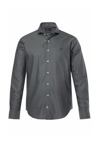 Camicione a maniche lunghe, di colore grigio scuro, realizzato in tessuto morbido. Presenta un motivo sottile, colletto e logo ricamato sul petto.