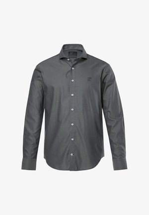 Camicione a maniche lunghe, di colore grigio scuro, realizzato in tessuto morbido. Presenta un motivo sottile, colletto e logo ricamato sul petto.