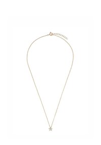Collana delicata in oro con un piccolo pendente a forma di stella in diamante e chiusura con gancio regolabile su uno sfondo bianco.