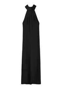 Robe noire à col halter en tissu lisse, avec un corsage ajusté et une jupe fluide, sans motifs ni embellissements.