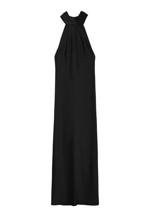 Abito nero senza maniche realizzato in tessuto liscio, con corpino aderente e gonna fluttuante senza fantasie né embellishments.