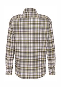 Langärmliges kariertes Hemd mit Rückansicht. Es zeigt grüne, weiße, gelbe und schwarze Karomuster, Knopfmanschetten und einen Kragen.