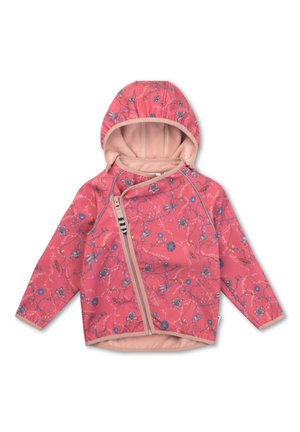 Roze jas met bloemenpatroon, ritssluiting, zachte binnenvoering, verstelbare capuchon en contrasterende manchetten.