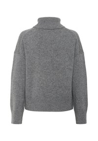 Grauer Rollkragenpullover aus weichem Stoff, mit überschnittenen Schultern, geripptem Kragen und einem lässigen Schnitt mit abgerundetem Saum.