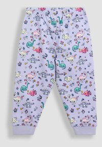 Pantalones infantiles de color púrpura claro con coloridos dinosaurios de dibujos animados y pequeños patrones florales impresos por todas partes.