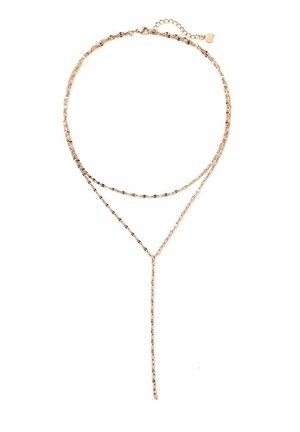 Gestaffeltes Kettenhalsband aus Roségold, das mit einem Y-förmigen Design, zarten Gliedern und einem abfallenden Kettendetail ausgestattet ist. Enthält einen verstellbaren Verschluss.