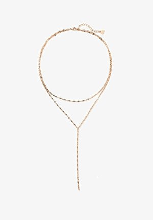 Gestaffeltes Kettenhalsband aus Roségold, das mit einem Y-förmigen Design, zarten Gliedern und einem abfallenden Kettendetail ausgestattet ist. Enthält einen verstellbaren Verschluss.