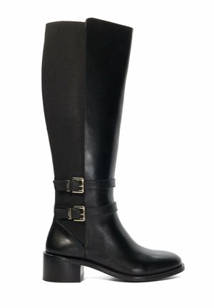 Black knee-high leather boot with elastic back panel, two decorative side buckles, and low block heel.