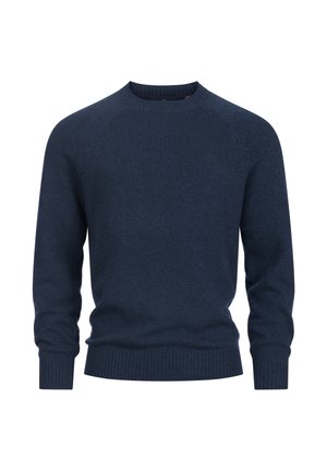 Marineblauer, gerippter Strickpullover mit klassischem Rundhalsausschnitt und langen Ärmeln. Das Material wirkt weich, mit subtiler Textur und minimalen Logos.