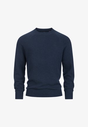 Navy blue, ribbed knit sweater with a classic crew neckline and long sleeves. Material appears soft, with subtle texture and minimal logos.
