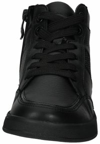 Black high-top sneaker with smooth leather, textured side panel, round toe, black laces, and side zipper detail. Flat rubber sole.