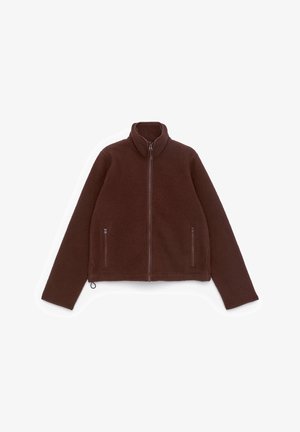 Brown fleece jacket with a high collar, full front zipper, and two zippered side pockets. Soft texture, casual design, and long sleeves.