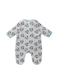 Szary bawełniany body z długimi rękawami, z wzorem twarzy Minnie Mouse i turkusowymi akcentami na kołnierzyku i mankietach.