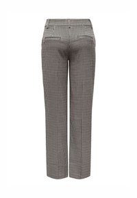 Pantaloni a scacchi bianco e nero con design a gamba dritta, dotati di due tasche posteriori e una trama di tessuto liscia.