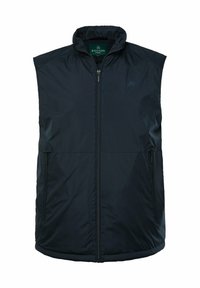 Marinblå isolerad ärmlös väst med hög krage, framdragkedja och två sidofickor. Tillverkad av ett mjukt och lätt tyg.