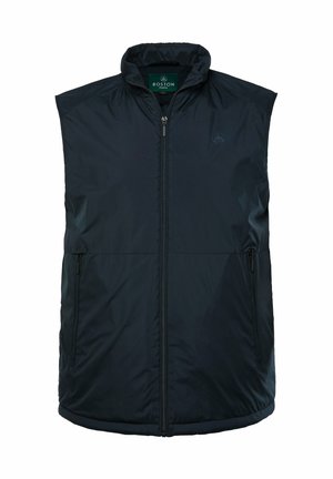 Marine blauwe geïsoleerde mouwloze vest met hoge kraag, rits aan de voorkant en twee zijzakken. Gemaakt van gladde, lichte stof.