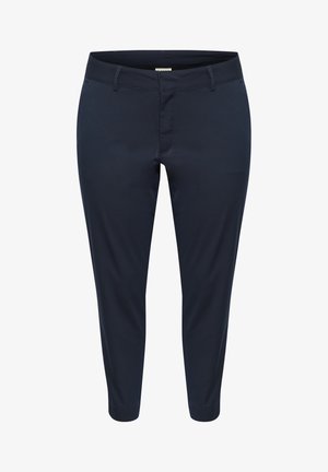Pantaloni tapered blu navy realizzati in tessuto liscio. Presentano una vita classica con passanti per cintura e cuciture decorative lungo le cuciture.