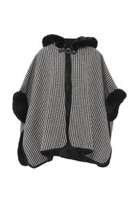 Sort og hvid houndstooth poncho med en pelsforet hætte, med lynlås foran og sorte detaljer. Blød tekstur og bred, svævende design.