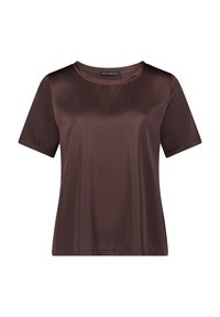 Haut en satin marron à manches courtes avec un col rond et une coupe légèrement ample. Texture lisse sans motifs ni accents visibles.