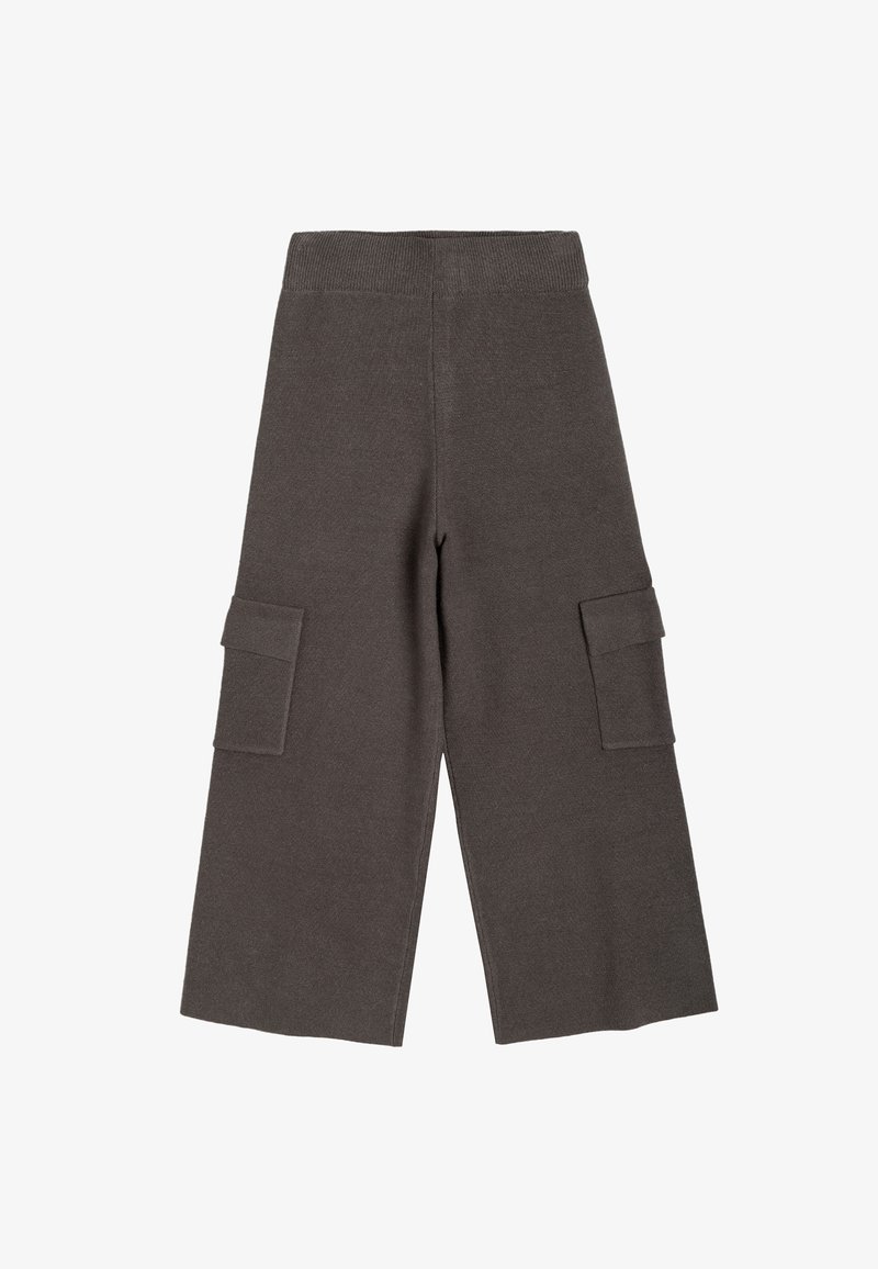 Bredde ben, mørkegrå bukser med et blødt, tekstureret stof. Har en ribbet talje og to sidelommer til ekstra funktionalitet.