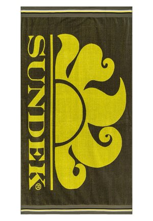 L'asciugamano presenta uno sfondo scuro con un grande motivo floreale giallo e il testo "SUNDEK." Tessuto texturizzato con una striscia decorativa nella parte inferiore.