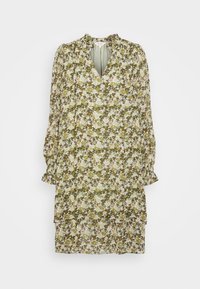 Vestido floral em verde-oliva, com mangas bufantes longas, decote em V e design em camadas, feito de um tecido leve com uma textura suave.