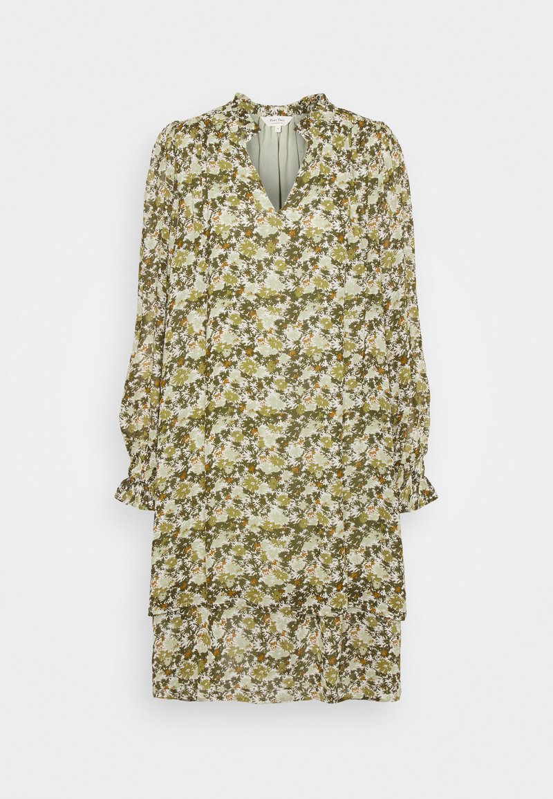 Vestido floral em verde-oliva, com mangas bufantes longas, decote em V e design em camadas, feito de um tecido leve com uma textura suave.