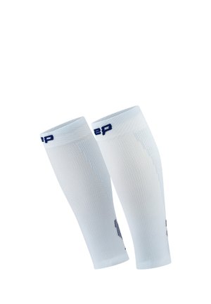 Pair of white compression calf sleeves with navy blue text on the top edge and side, placed against a white background.