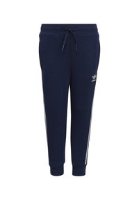 Pantaloni della tuta blu navy realizzati in morbido tessuto, con vita regolabile tramite cordino, strisce laterali bianche e un piccolo logo bianco sulla coscia.