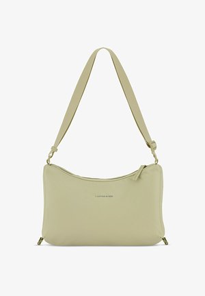 Vihreä ristilaukku, joka on valmistettu pehmeästä kankaasta, jossa on sileä pinta. Varustettu vetoketjullisella ylhäältä avautuvalla osalla, säädettävällä hihnalla ja kohokuvioidulla logolla.