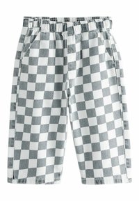 Graue und weiße karierte Shorts mit einem elastischen Bund, zwei seitlichen Taschen und einer glatten Stoffoberfläche. Das Muster besteht aus abwechselnden Quadraten.