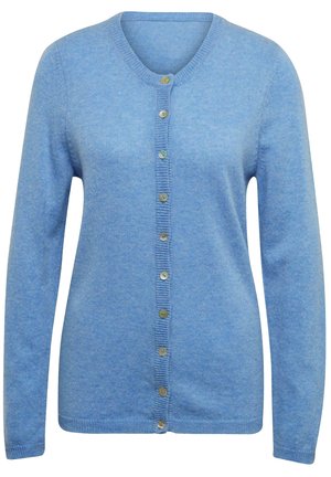 Lichtblauwe cardigan van zachte stof, met een V-hals, lange mouwen en een knoopsluiting aan de voorkant met contrasterende knopen.