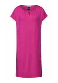 Lysrosa knälång klänning med korta ärmar och en liten V-ringning, med mjuka veck nära kragen.