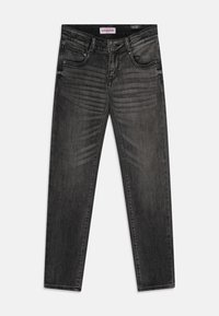 Jeans ajustados en denim gris oscuro con lavado desteñido, con cinco bolsillos y una etiqueta Vingino en la cintura trasera.