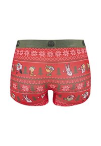 Boxer da uomo rossi e festivi con vita verde, decorati con personaggi dei cartoni animati che indossano cappelli di Babbo Natale e alberi di Natale.