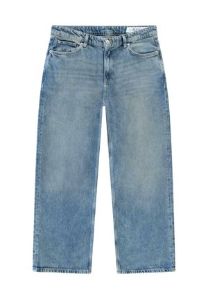 Lichtblauwe denim wijdvallende jeans met een klassieke vijf-pocketontwerp, knoopsluiting en rafelige zoomdetails.