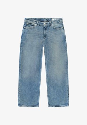 Lichtblauwe denim wijdvallende jeans met een klassieke vijf-pocketontwerp, knoopsluiting en rafelige zoomdetails.