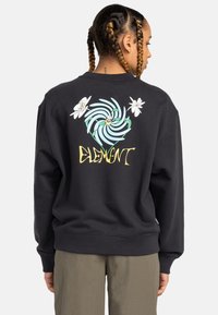 Black sweatshirt with a graphic design featuring spirals and flowers on the back. Made of cotton, it has ribbed cuffs and hem.