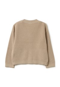 Beige Strickpullover mit strukturiertem Rippdesign, Rundhalsausschnitt und leicht übergroßer Passform. Mit langen Ärmeln und einem fertigen Saum.