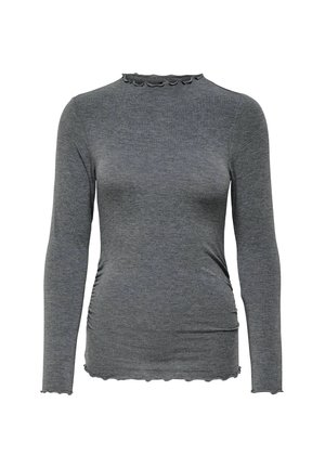Hladký, priliehavý top s dlhým rukávom v tmavosivej farbe, s volánkovým výstrihom a zberanými stranami, so zvlneným detailom na leme.